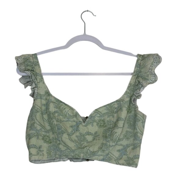 Amur Rafaela Floral Linen Green Zipper Ruffled Cropped Top Size Medium - Picture 1 of 9